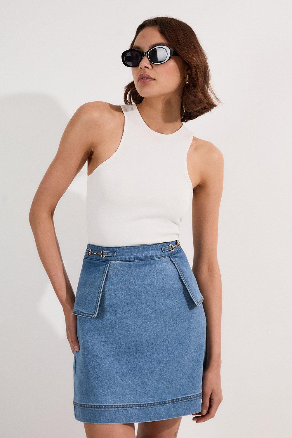 【KAREN MILLEN】ストレッチデニム スナッフルトリム スカート Mirrored Disc Side Split Skirt | Karen Millen